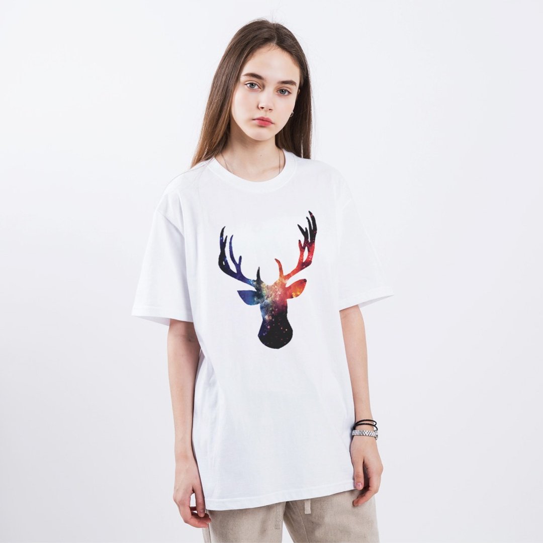 Cosmic Stag 男女短袖T恤 白色 鹿宇宙银河系插画礼物文青艺术 - 女装 T 恤 - 棉 白色