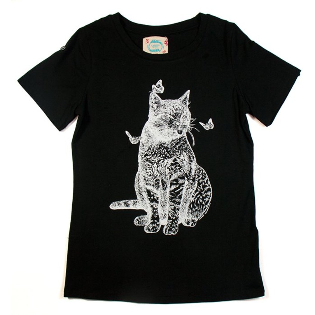 Concept Tee - Cat & the Butterflies 俏皮猫与淘气蝶 (黑色)短袖T恤 - 女装 T 恤 - 其他材质 黑色