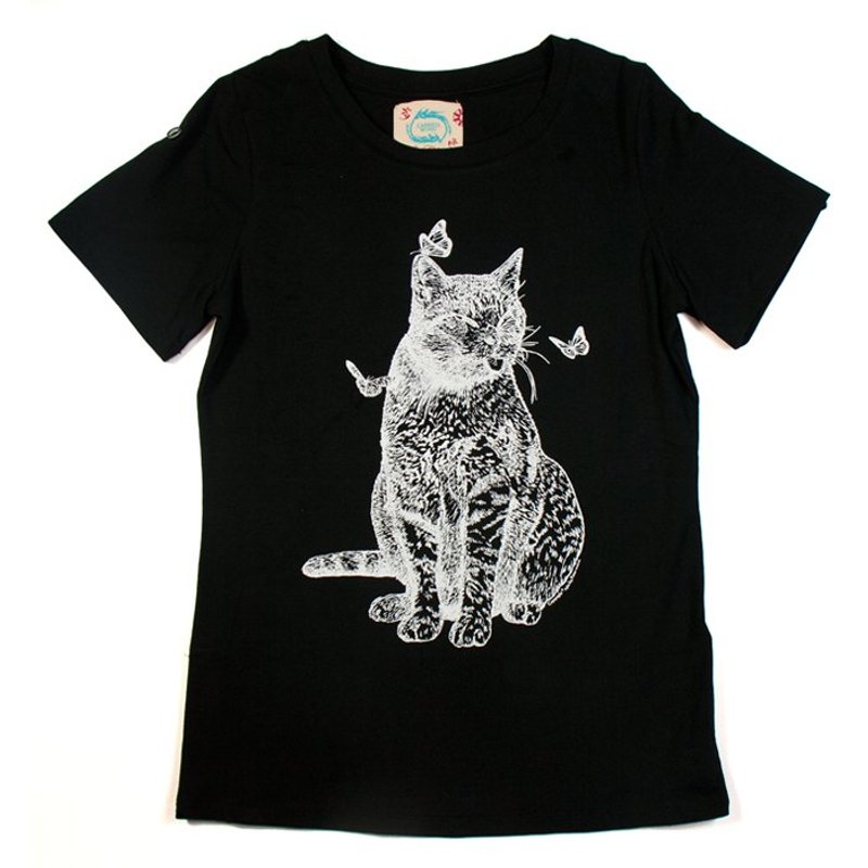 Concept Tee - Cat & the Butterflies 俏皮猫与淘气蝶 (黑色)短袖T恤 - 女装 T 恤 - 其他材质 黑色