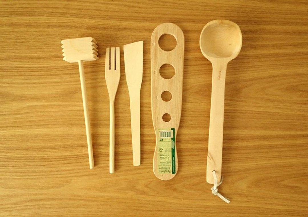 W-01-0022 aarikka木匙+木制厨具／一组5件 - 餐刀/叉/匙组合 - 木头 咖啡色