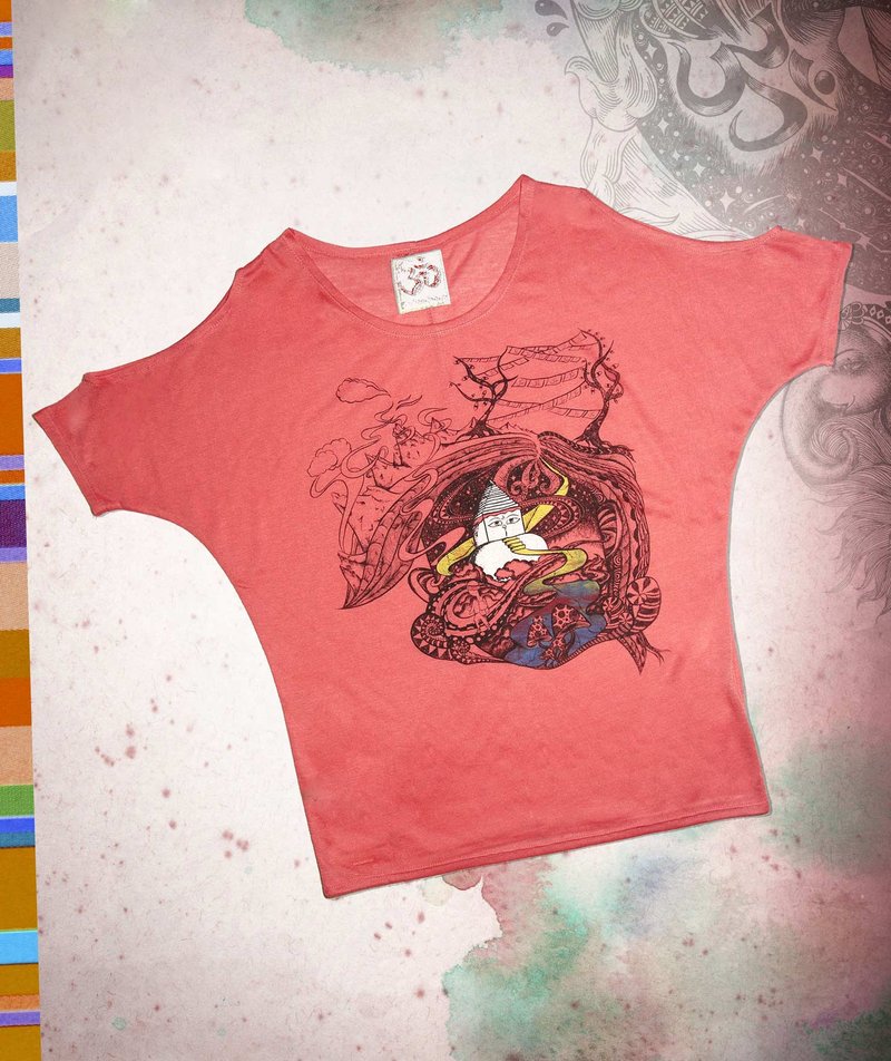 手感夏日露肩旅行T-奔走在尼泊尔雪山(亮橘) - 女装 T 恤 - 棉．麻 橘色