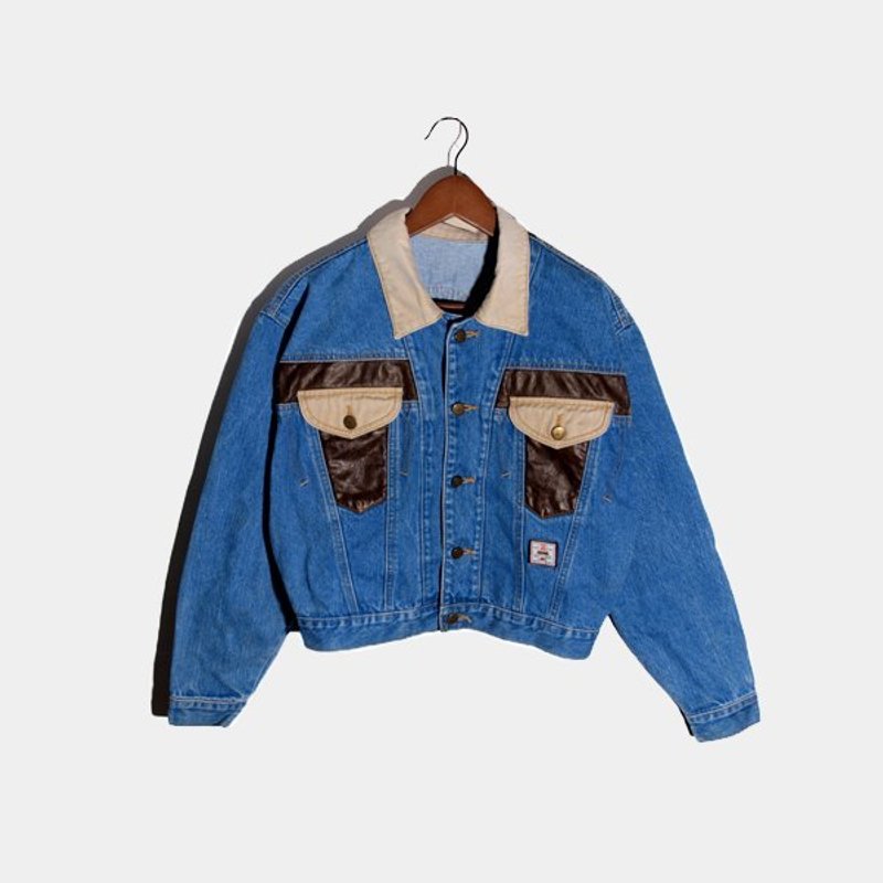 │moderato│焦糖皮革拼接复古剪裁斗牛犬古着牛仔外套/个性女孩.男朋友 - 女装休闲/机能外套 - 其他材质 蓝色