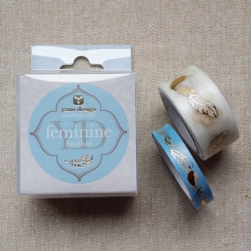 日本 ROUND TOP yano design 箔押花边和纸胶带组【羽毛 (YD-MK-028)】烫金2入 - 纸胶带 - 纸 蓝色