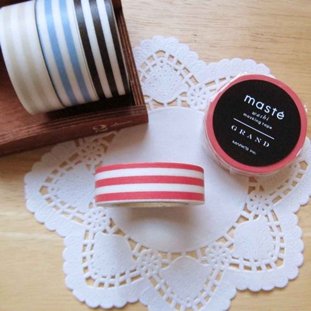 maste Masking Tape 和纸胶带【横条纹-桃红+白 (MSG-MKT16-PK)】 - 纸胶带 - 纸 粉红色