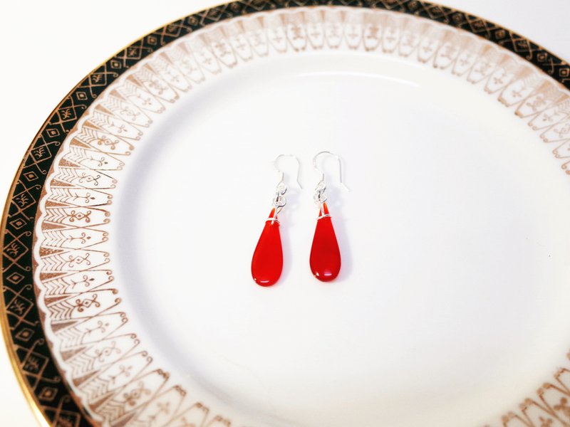 透光红玛瑙 925纯银耳环 - 耳环/耳夹 - 其他金属 红色