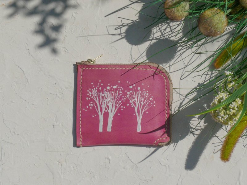 不撞包雪白森林桃红色植鞣革全真皮L型零钱包 - 零钱包 - 真皮 粉红色