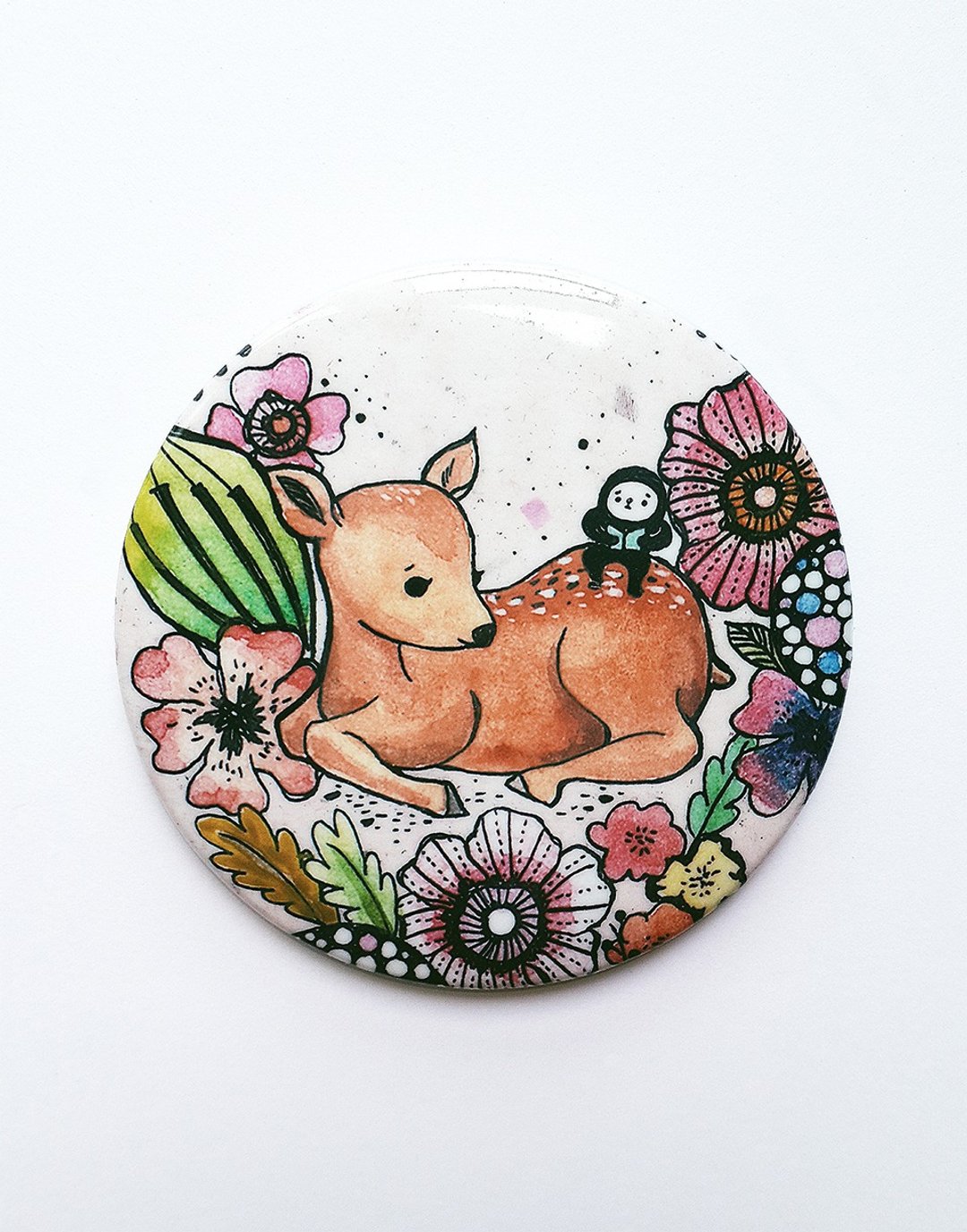 猫王不讨喜 彩色插画大徽章／黑衣人与森林里的小鹿、花草／58mm／ - 徽章/别针 - 塑料 橘色