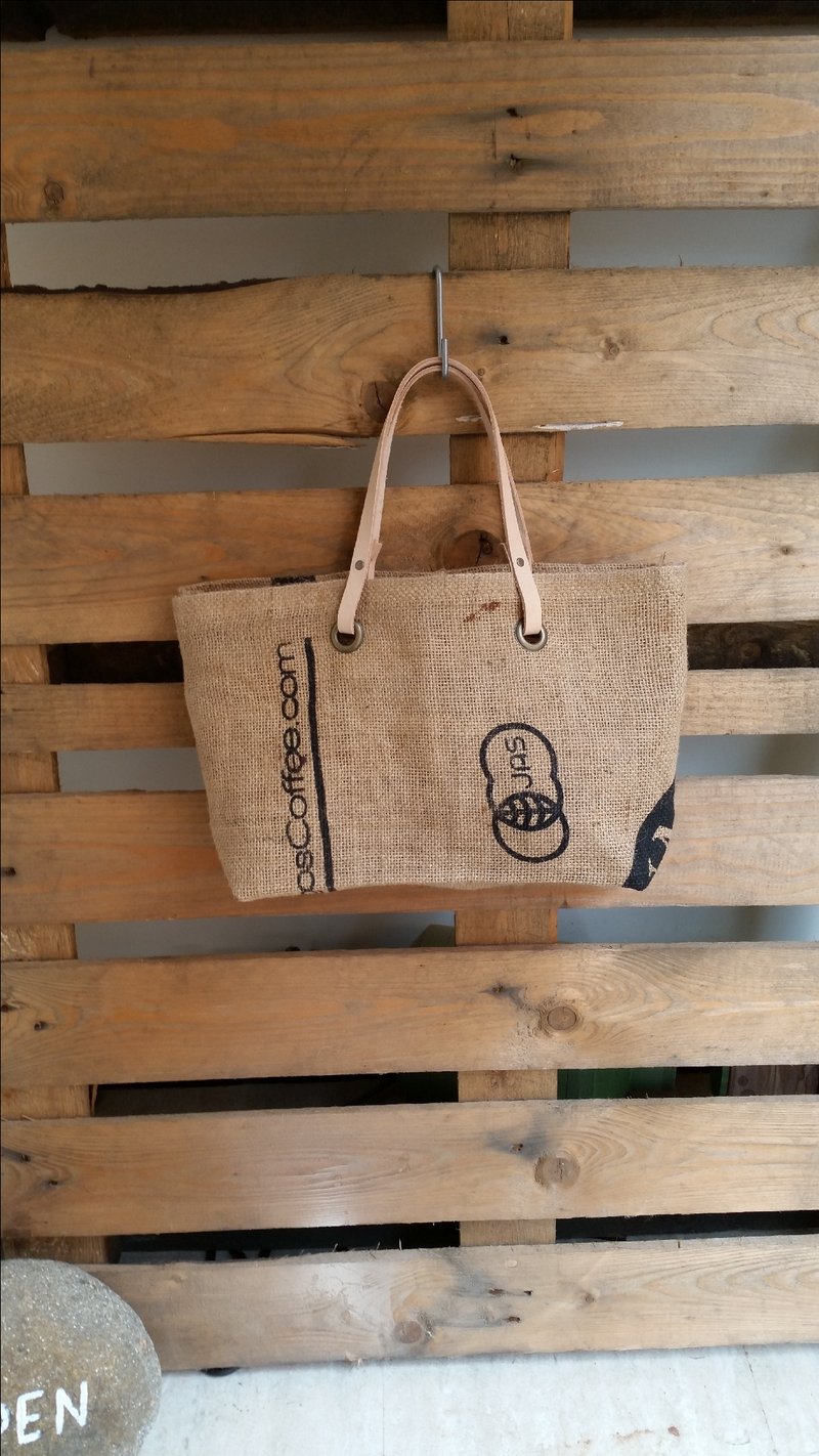 064 咖啡麻布x皮革托特包 - 手提包/手提袋 - 真皮 卡其色