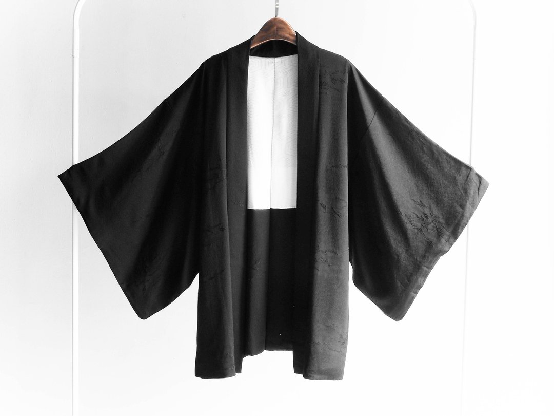 河水山 - 暗玥池叶湖畔 羽织 日本古董和服外套 古着 - 女装休闲/机能外套 - 棉 黑色