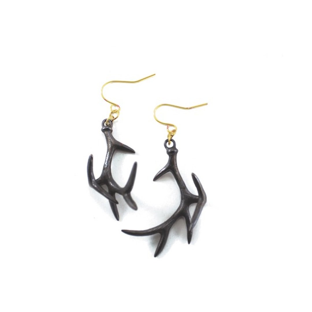 Stag horn earring in brass with oxidized antique color ,Rocker jewelry ,Skull jewelry,Biker jewelry - 耳环/耳夹 - 其他金属 