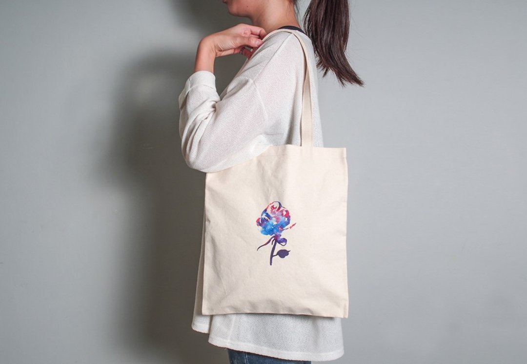 手绘手印 胚布提袋【ROSE】单面图案 手提/肩背 四色 - 侧背包/斜挎包 - 棉 多色