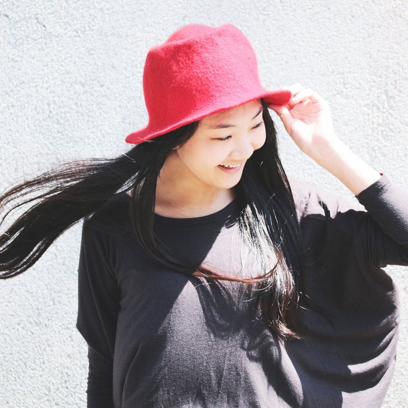 羊毛毡-红色英伦造型帽 - 帽子 - 羊毛 红色