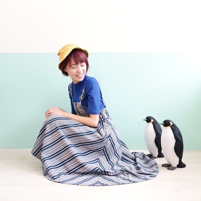 十一妞更衣室自家设计蓝绿直条牛仔连衣散裙 - 裙子 - 其他材质 蓝色