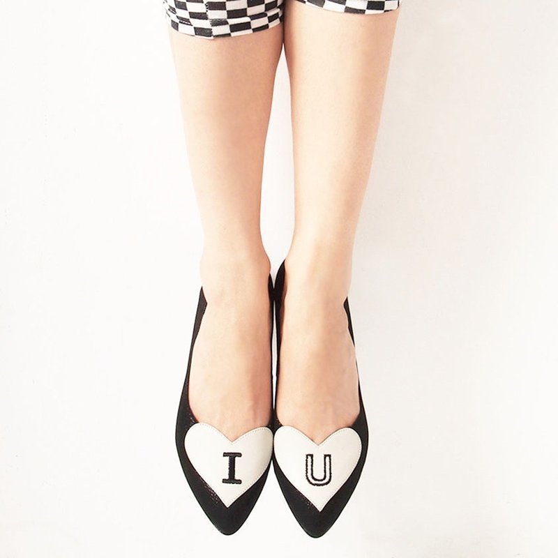 我爱妳 妳爱我 限量2cm低跟鞋_奢华黑+米白刺绣爱心 - 女款休闲鞋 - 真皮 黑色