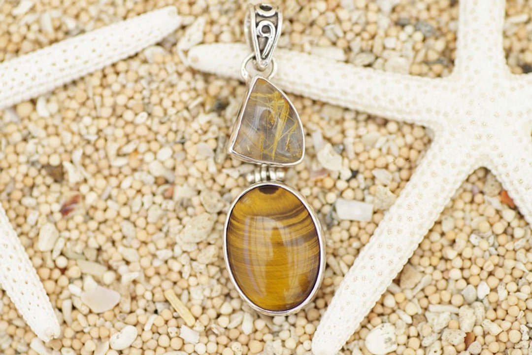 Rutile quartz and tiger eye pendant top - 项链 - 宝石 金色