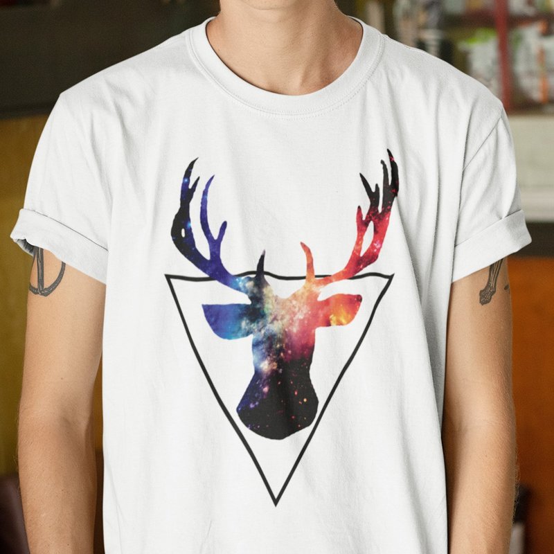 Triangle Deer 中性短袖T恤 白色 三角形鹿宇宙银河系文青礼物 - 男装上衣/T 恤 - 棉．麻 白色