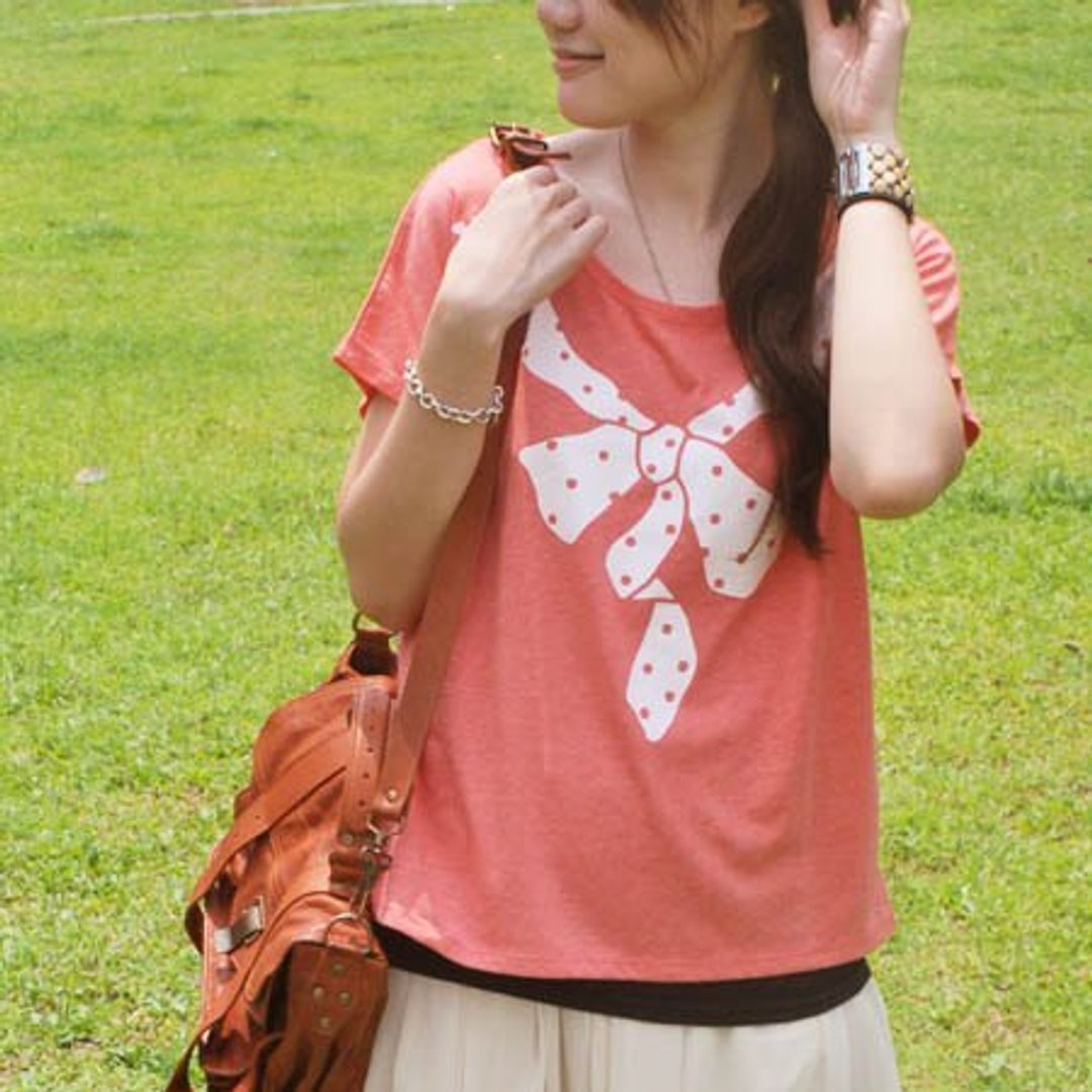 *Mori Shu* 水玉点点领结T-shirt(麻花红色) - 女装 T 恤 - 其他材质 红色