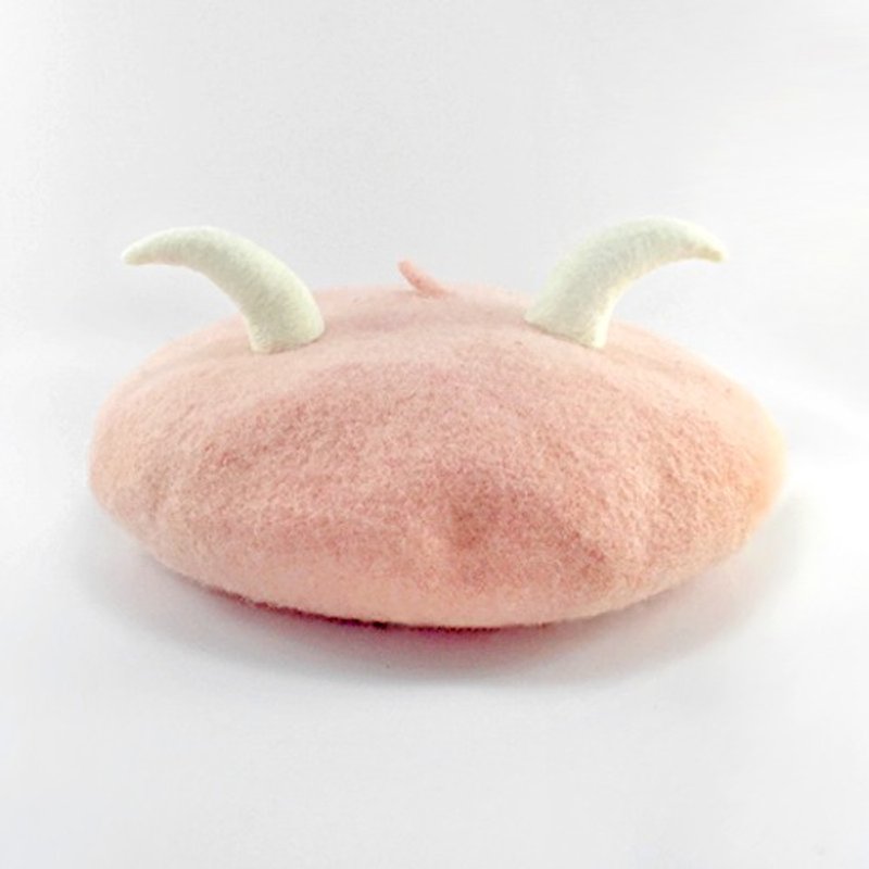 秋冬新款 羊毛毡画家帽  粉嫩山羊角 动物贝雷帽 卖萌神器 - 帽子 - 羊毛 粉红色