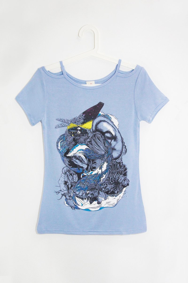 /七夕情人节礼物/女装木代尔露肩 挖肩长版上衣 / 设计上衣 / 插画T-shirt - 海洋的旅程 - 女装上衣 - 其他材质 紫色