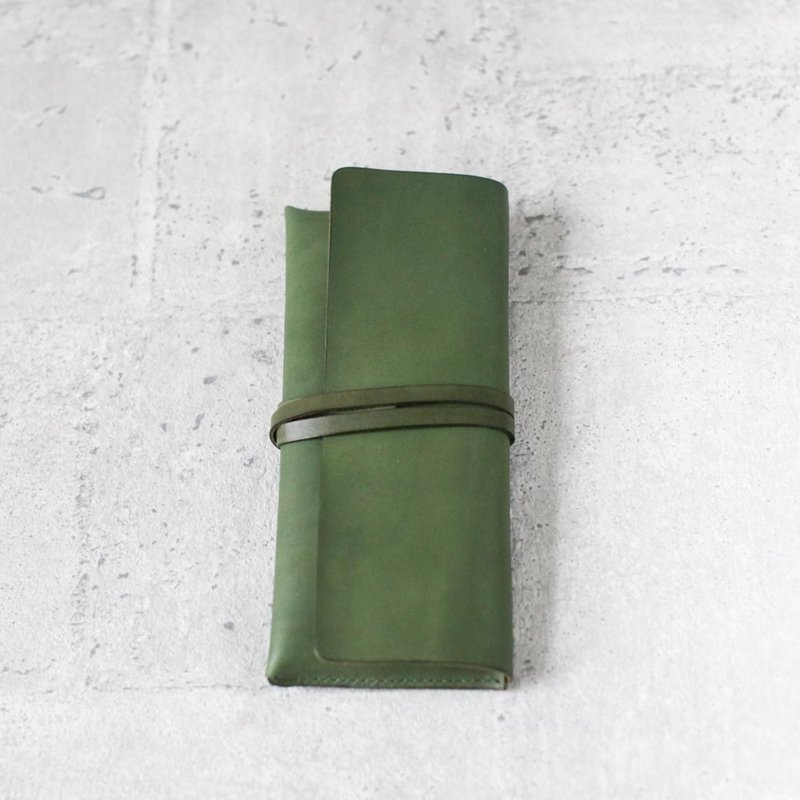 植鞣橄榄绿色牛皮真皮大笔袋 - 铅笔盒/笔袋 - 真皮 绿色