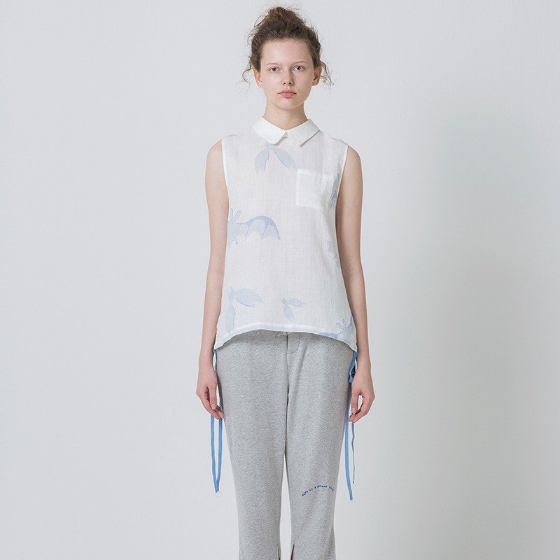 LLANO睡眠系列透气棉麻蝙蝠满印 绑带背扣复古背心衬衫 M码 - 女装衬衫 - 其他材质 白色