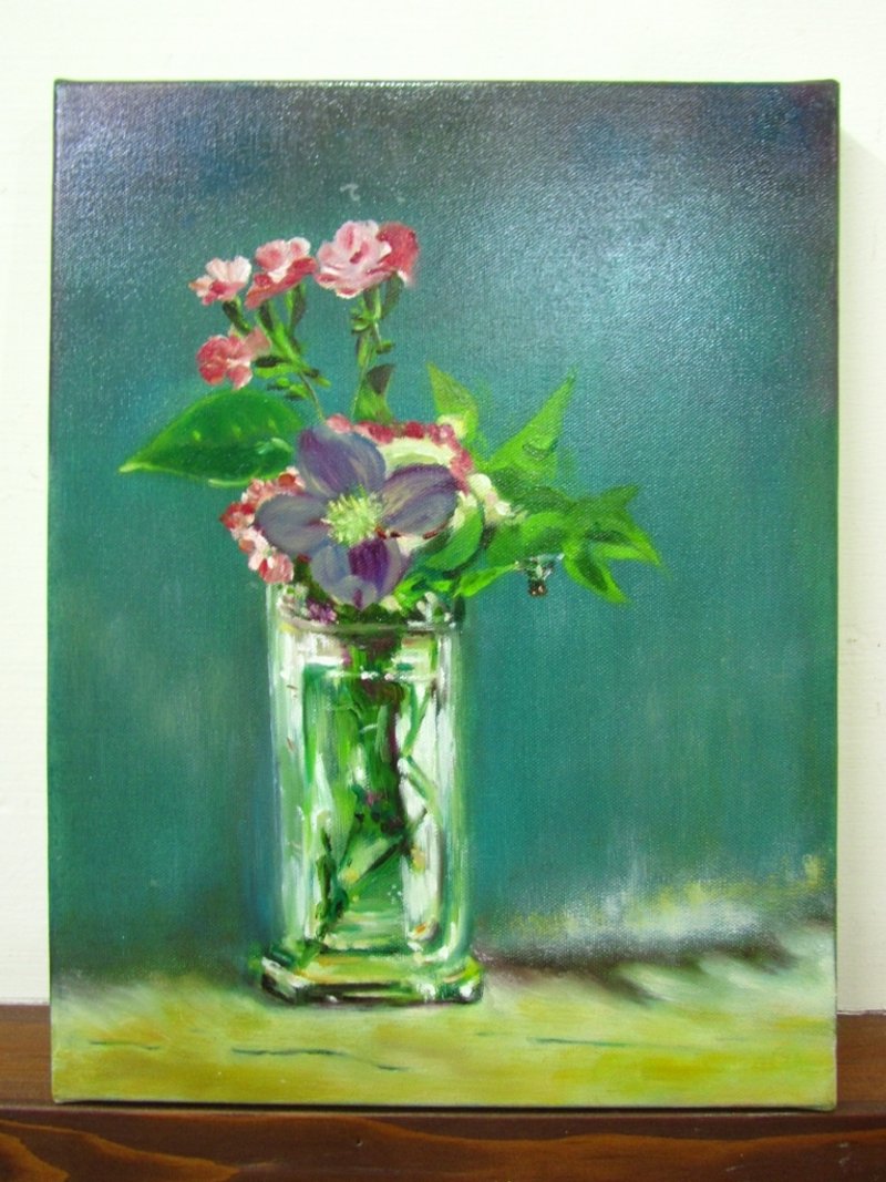 手绘油画 水晶瓶内铁线莲Clematis in a Crystal Vase - 海报/装饰画/版画 - 其他材质 绿色