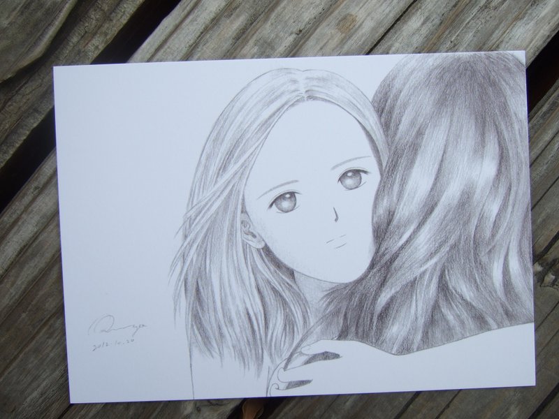 拥抱 女孩手绘黑白素描插画明信片 肖像画 人像画人物画 礼物卡片 - 卡片/明信片 - 纸 白色