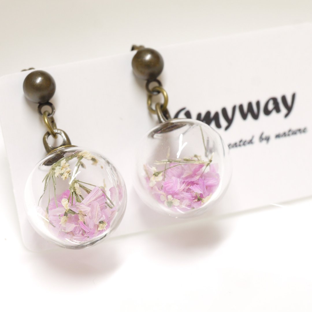 爱家作- OMYWAY DIY 干花玻璃球耳针耳环耳勾垂挂耳夹1.4cm - 耳环/耳夹 - 玻璃 白色