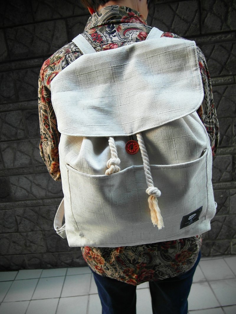 麻料翻盖后背包/束口包(白色) - 束口袋双肩包 - 其他材质 白色