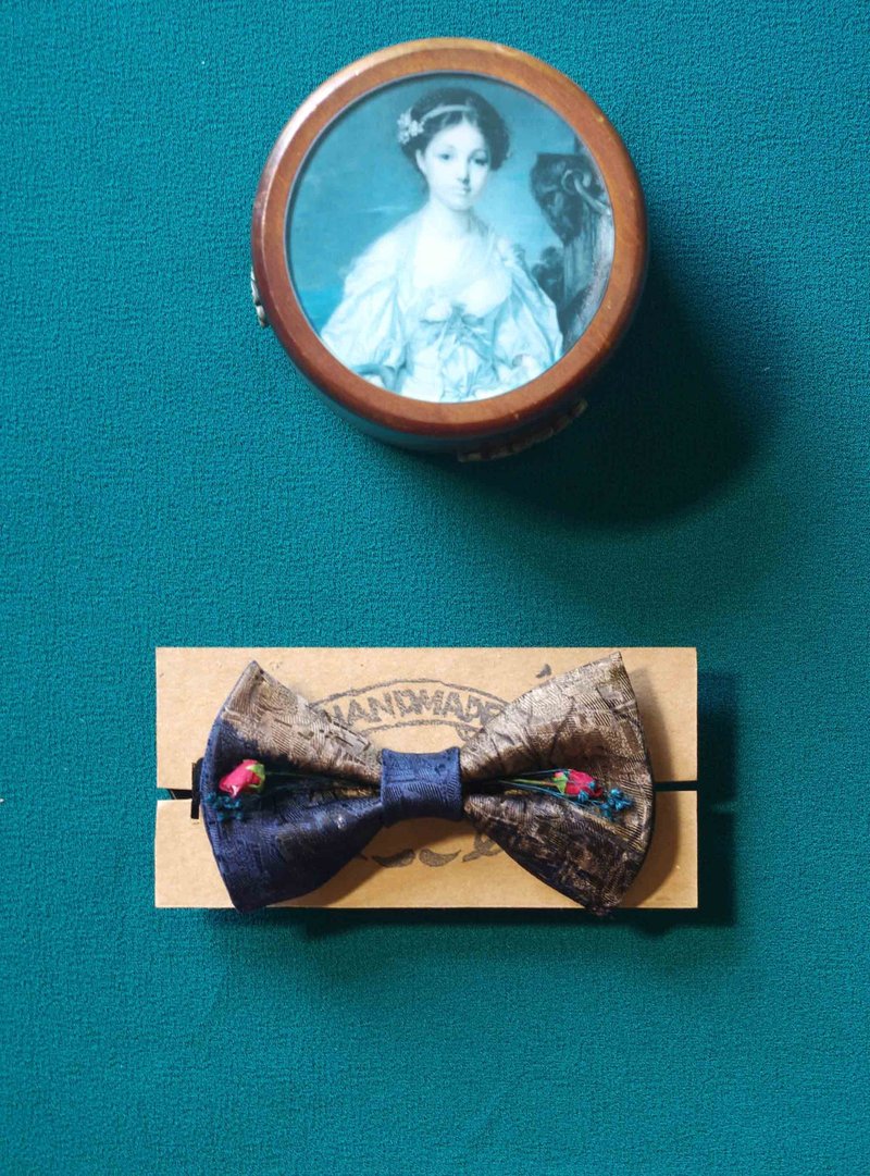 Papa's Bow Tie- 古董布花领带改制红玫瑰手工领结-monsieur Thomas with rose - 领带/领带夹 - 其他材质 蓝色