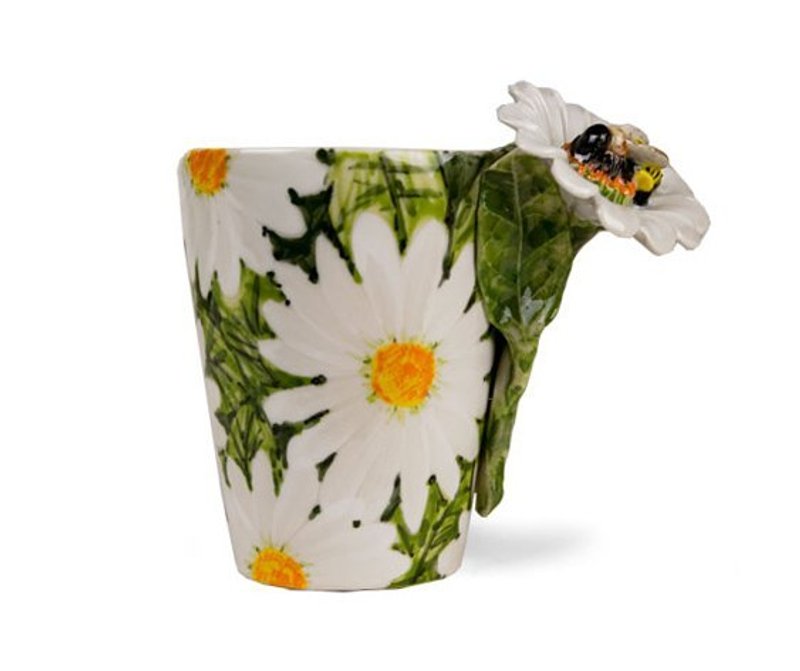 【可刻字的陶瓷马克杯】Blue Witch英国手绘杯 蜜蜂白花 立体刻字陶瓷马克杯 - 咖啡杯/马克杯 - 其他材质 白色