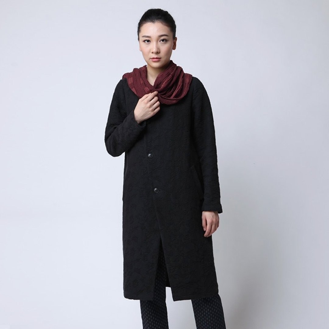 花朵肌理棉麻长款风衣 中式秋冬大衣  黑  O150609 - 女装休闲/机能外套 - 棉 黑色