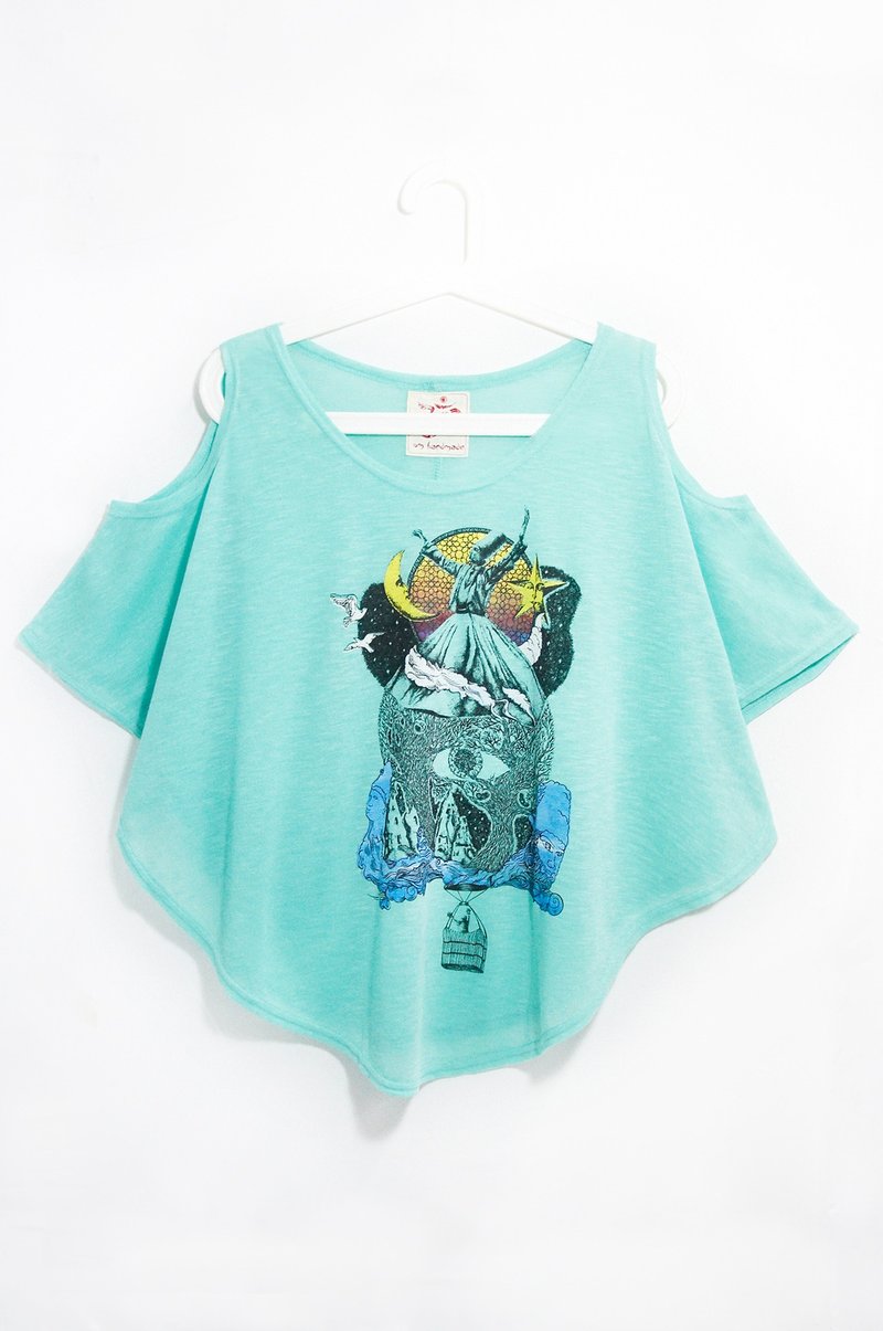 女装棉质 竹节棉设计上衣 / T-shirt-薄荷绿 乘着热气球去旅行吧 - 女装上衣 - 棉．麻 多色