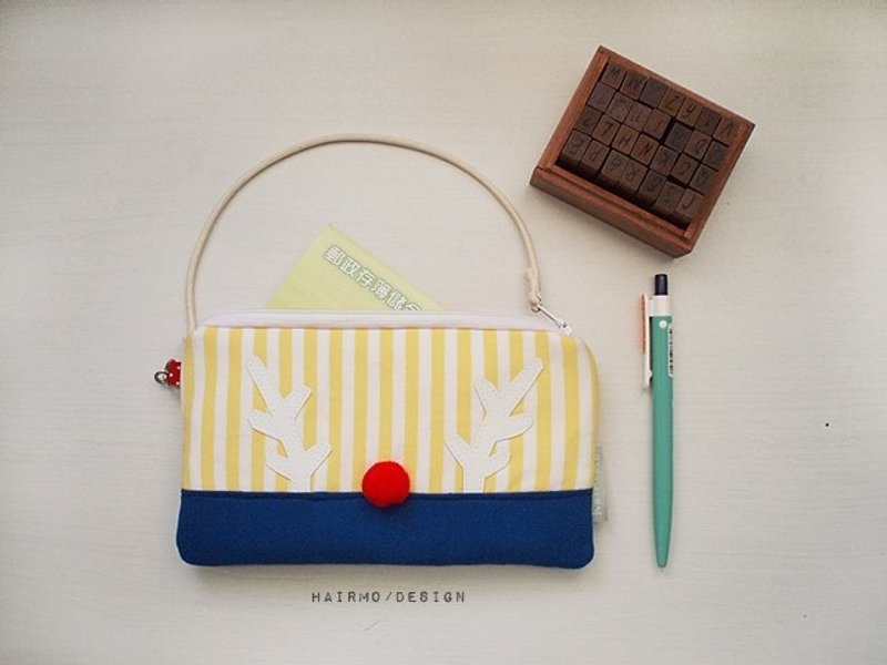 hairmo。大鼻麋鹿撞色长型收纳包/钱包-黄条 - 化妆包/杂物包 - 其他材质 黄色