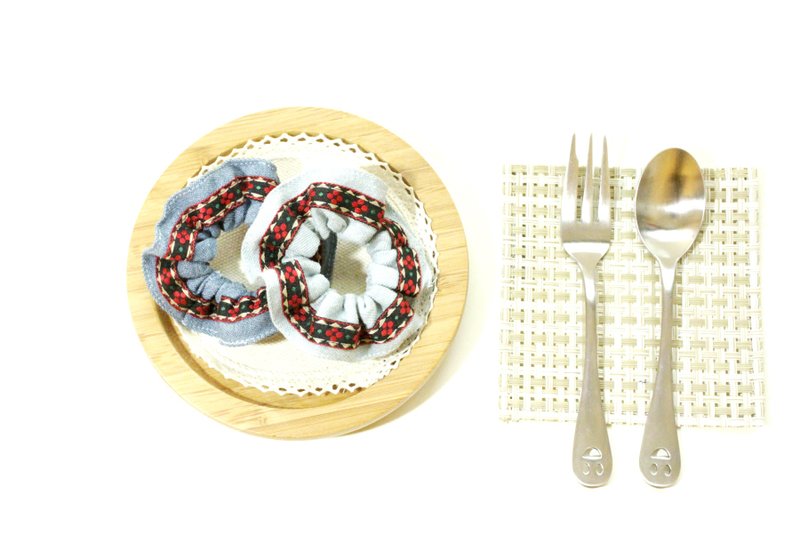 牛仔织带大肠发圈--红色的烟火(黑底) - 发饰 - 棉．麻 蓝色