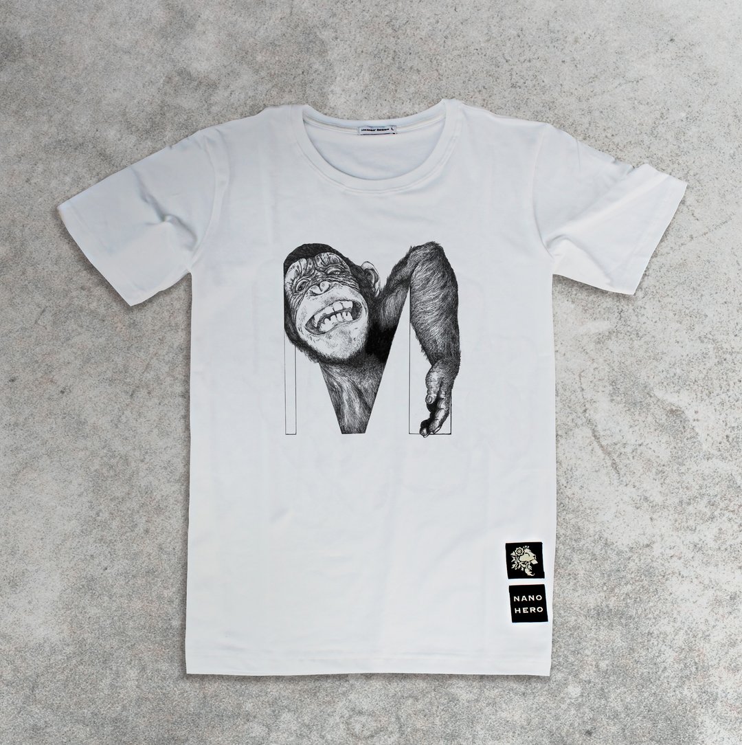 Monkey 猴 手绘字母T-shirt - 中性连帽卫衣/T 恤 - 棉 白色