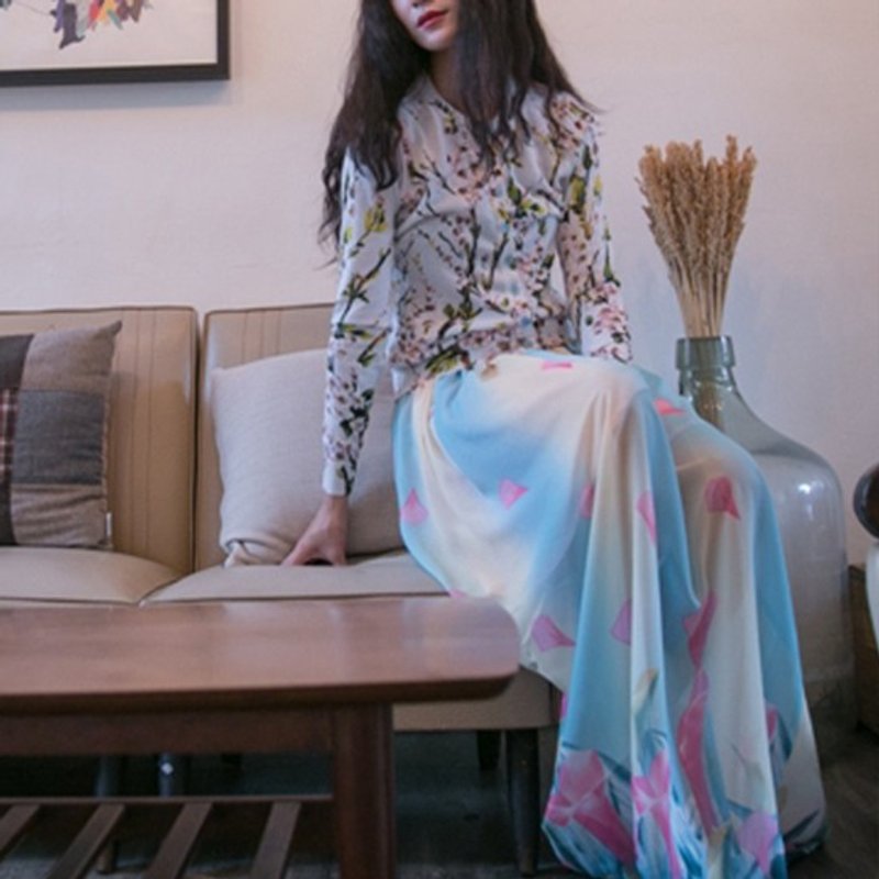 马克花儿朵朵开 雪纺印花双色文青风格长裙 - 裙子 - 其他材质 多色