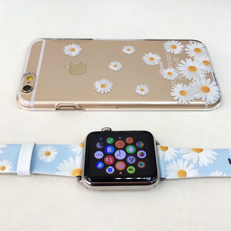 [礼物套装] Apple Watch Series 1 , Series 2 and Series 3 - 文青系白菊花图案  手机壳 + Apple Watch 真皮手表带 - 其他 - 其他材质 