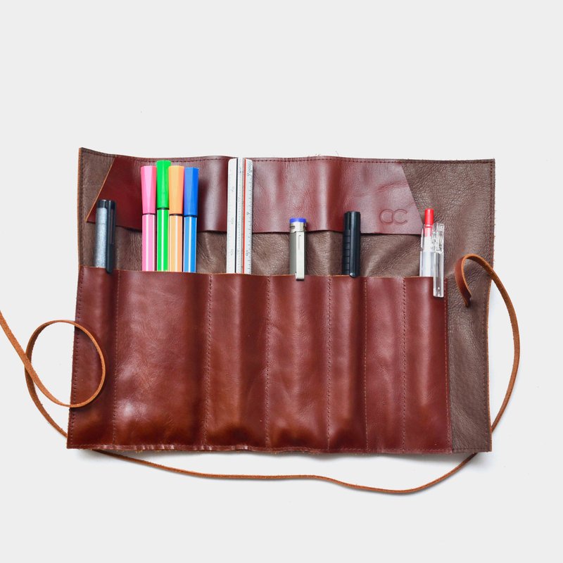 【和牛寿司】牛皮笔袋 皮革铅笔盒 工具袋 钢笔 卷轴式 毕业礼物 定制刻字当礼物 - 铅笔盒/笔袋 - 真皮 咖啡色