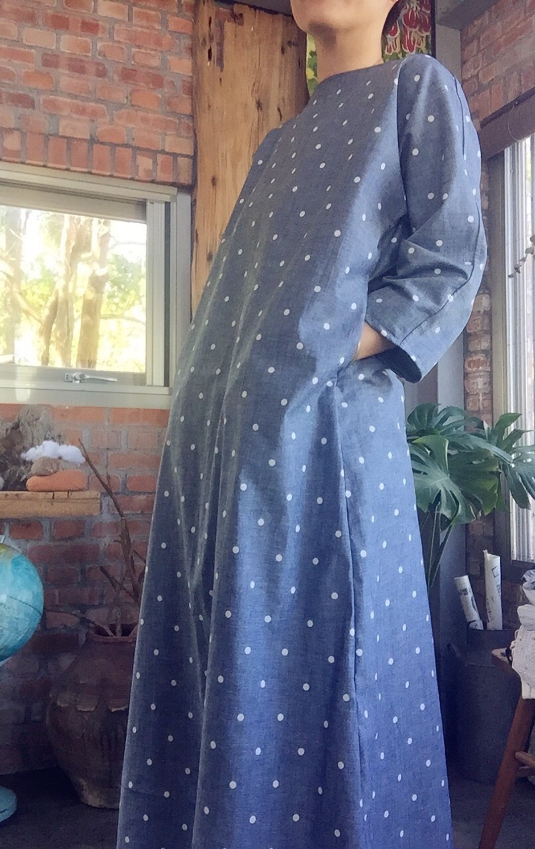手作服 六分袖长袍子纯棉口袋洋装 - 洋装/连衣裙 - 棉 蓝色