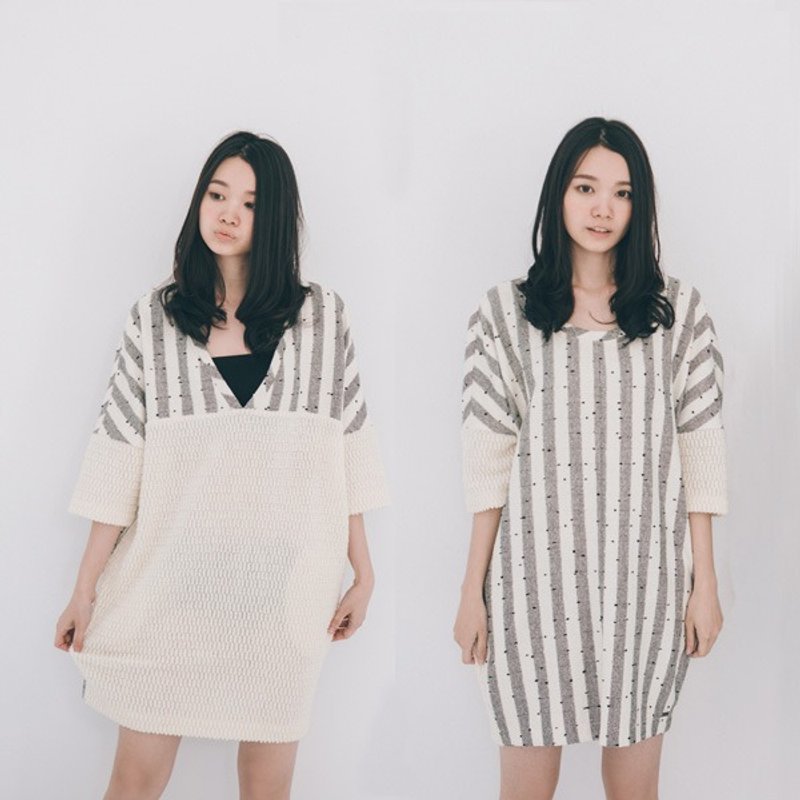 许许儿♪2way 暖暖羊毛料条纹拼接洋装 - 洋装/连衣裙 - 其他材质 白色