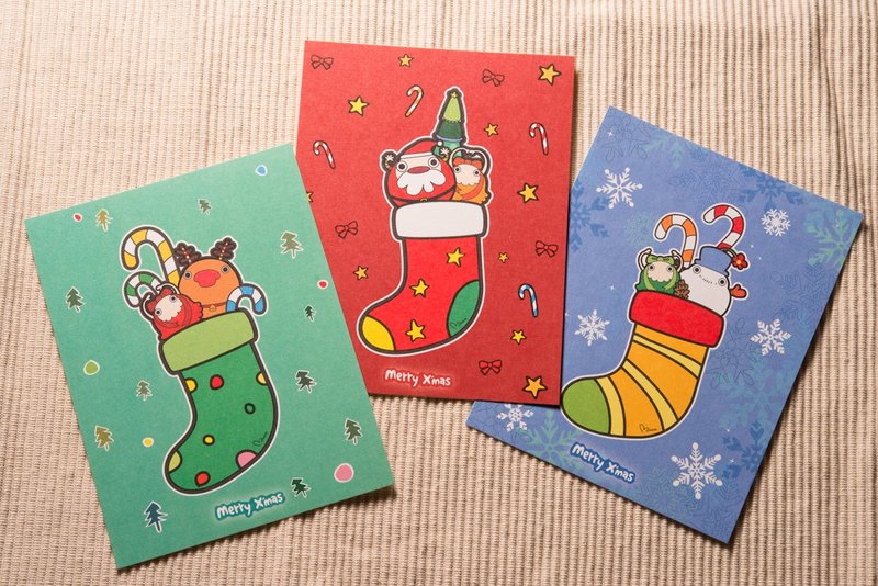 圣诞袜系列-耶诞卡明信片－3张套组(附信封) - 卡片/明信片 - 纸 多色