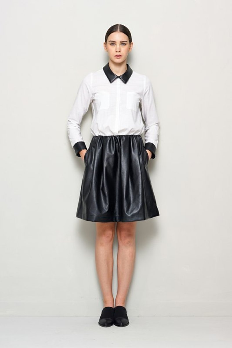 皮革拼接拉炼洋装 - 洋装/连衣裙 - 棉．麻 黑色