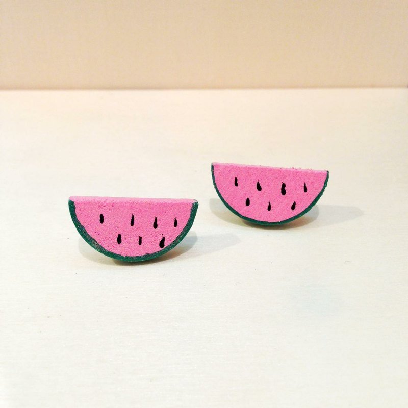 手绘木头耳针-粉红西瓜 - 耳环/耳夹 - 木头 粉红色