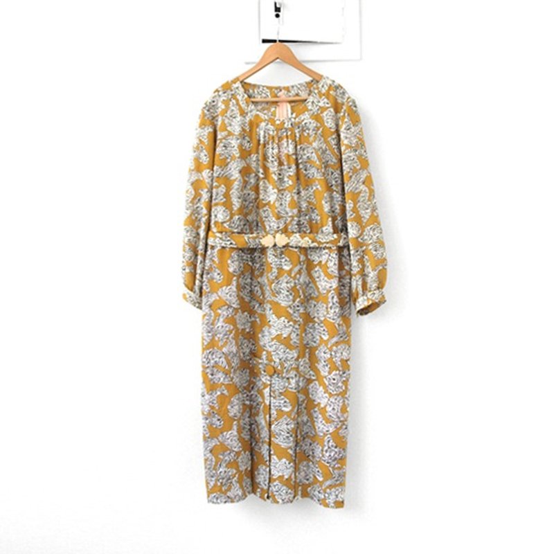 │moderato│几何图案芥黄打折古着洋装│日本女孩.个性女朋友.VINTAGE.可爱 - 洋装/连衣裙 - 其他材质 卡其色