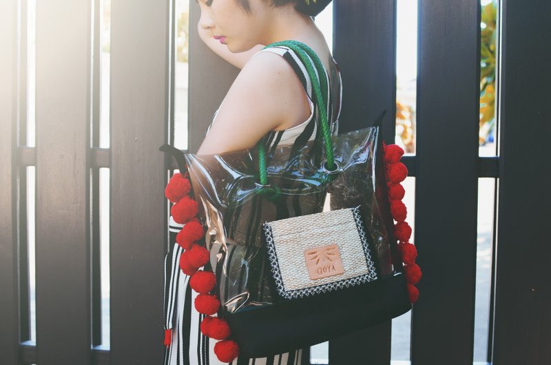 今天一起去血拼吧！海滩托特包 - 绿提把/红色绒球 - 公文包/医生包 - 其他材质 黑色