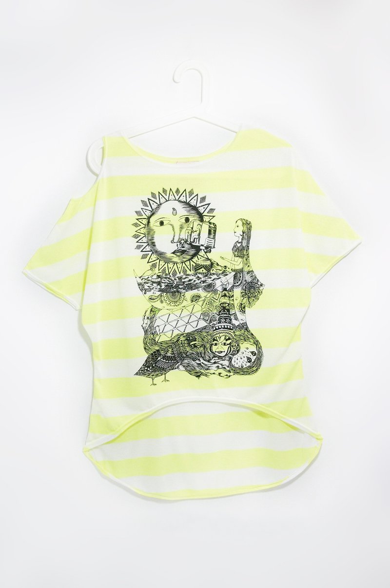 手感夏日单露肩条纹女装上衣- 从这里，开始旅行! ( 阳光萤光黄 ) - 女装 T 恤 - 棉．麻 黄色