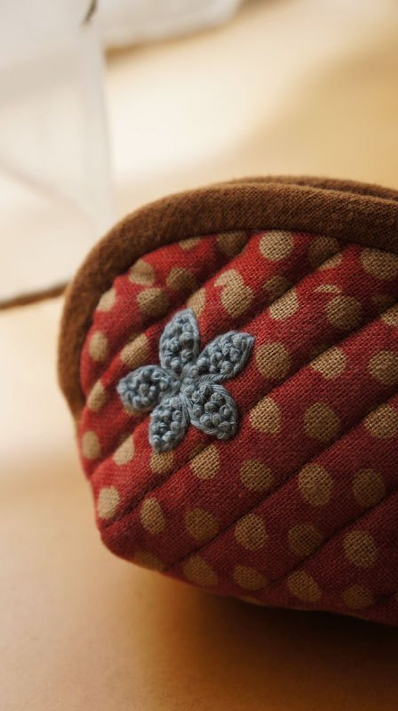 灰蓝小花手绣零钱包 - 零钱包 - 棉．麻 红色