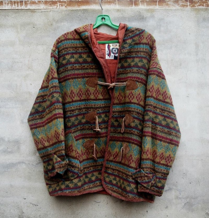 几何民族牛角扣连帽外套 -脱臼古着- - 中性连帽卫衣/T 恤 - 其他材质 咖啡色