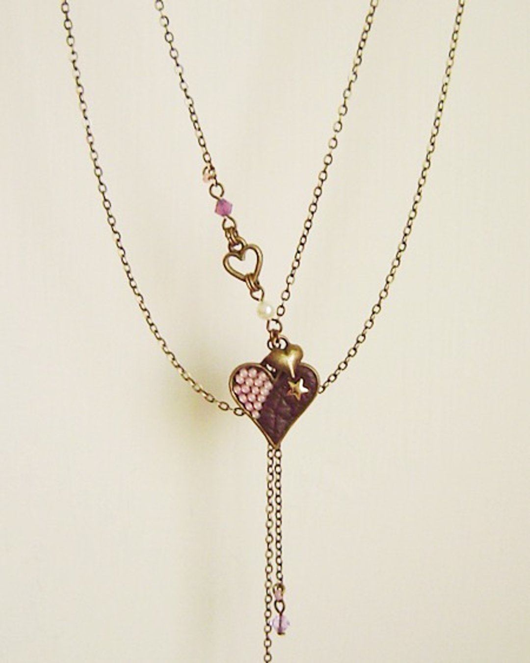 ::小花砖::大人气爱心皮革拼贴Y字中长项链(玫瑰粉)。swarovski。星。珍珠。青古铜 - 长链 - 其他金属 粉红色